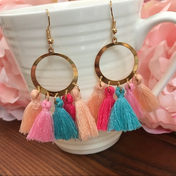Bohemian Gold Dangle Earrings Multi Colored Tassel - Picture 2 of 5